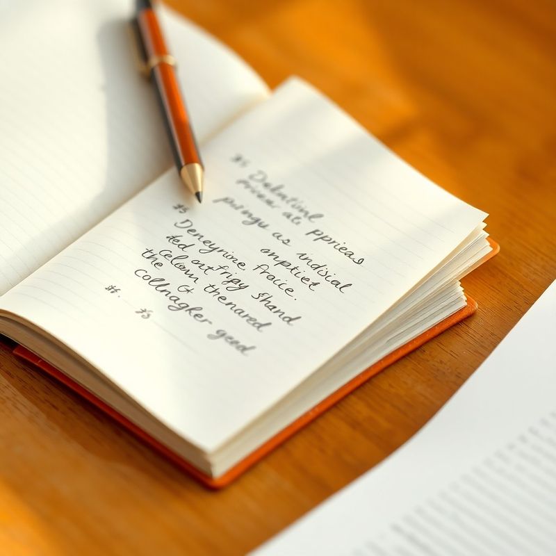 Notebook deschis cu o schemă structurată scrisă de mână, accent teracotă