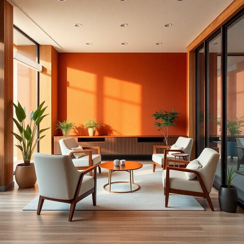 Recepție primitoare cu accent teracotă și mobilier crem în biroul Dragomir & Stan